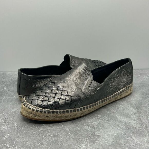 Bottega Veneta Metallic Gray Intrecciato Leather Slip On Espadrille Flats Size 3 - Picture 1 of 13